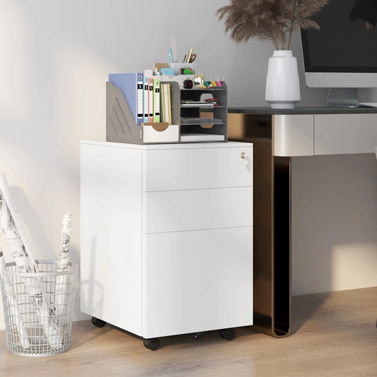 3-Drawer Steel Filing Cabinet on Wheels, Lockable, Adjustable Hanging Bar, White Office Cabinets & Cupboards White at Gallery Canada
