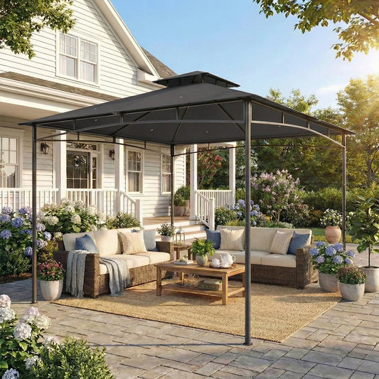 10' x 10' Gazebo, Metal Frame, 2-Tier Roof, Dark Grey Gazebos Dark Grey at Gallery Canada
