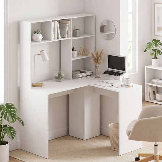 L Shaped Desk, Corner Computer Desk with Storage Shelves, White Writing Desks White at Gallery Canada