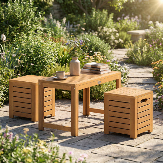 Acacia Wood Outdoor Coffee Table with Stools Set of 2 3 Pieces Patio Table and Stools Set Patio Conversation Sets Options at Gallery Canada