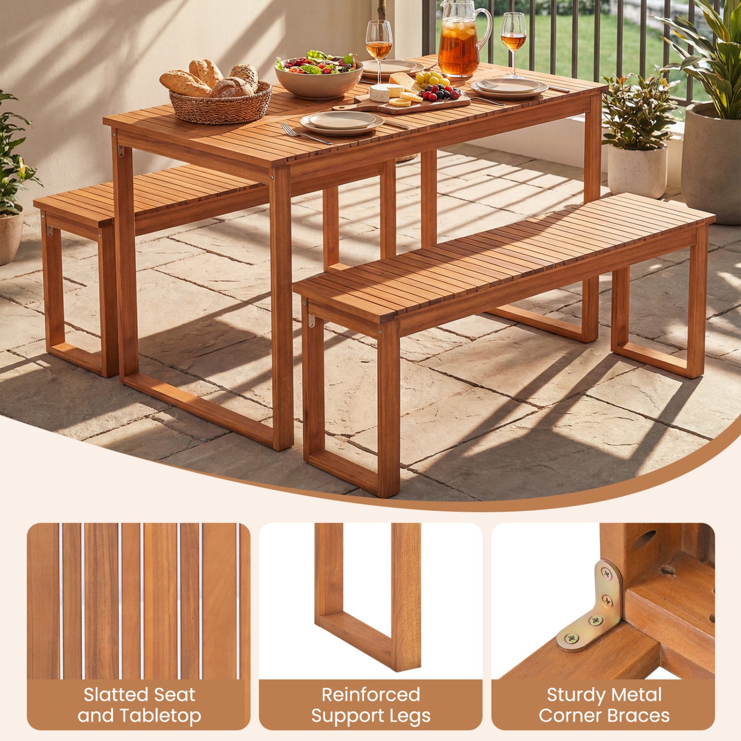 Acacia Wood Outdoor Garden Bench Set of 1/2 with Slatted Seat for Front Porch-Set of 2 Outdoor Benches at Gallery Canada