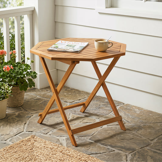 Acacia Wood Outdoor Folding Dining Table for 4 Octagonal with Slatted Tabletop, Natural Patio Dining Tables Natural at Gallery Canada