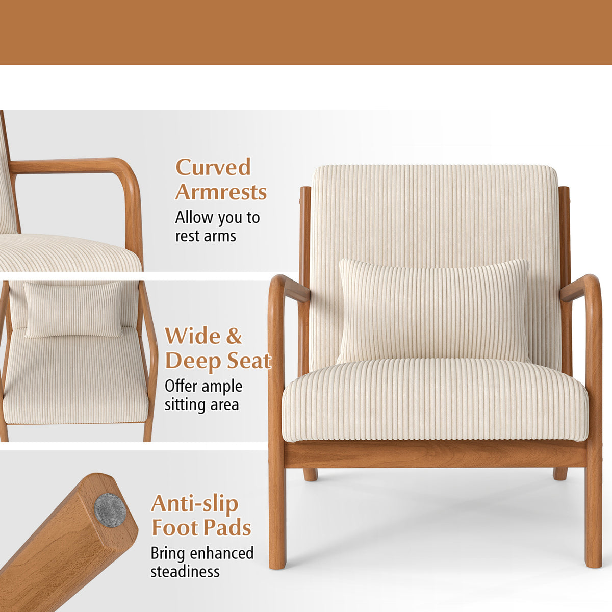 Accent Chair Corduroy Upholstered Lounge Chair with Lumbar Pillow, Beige Accent Chairs at Gallery Canada