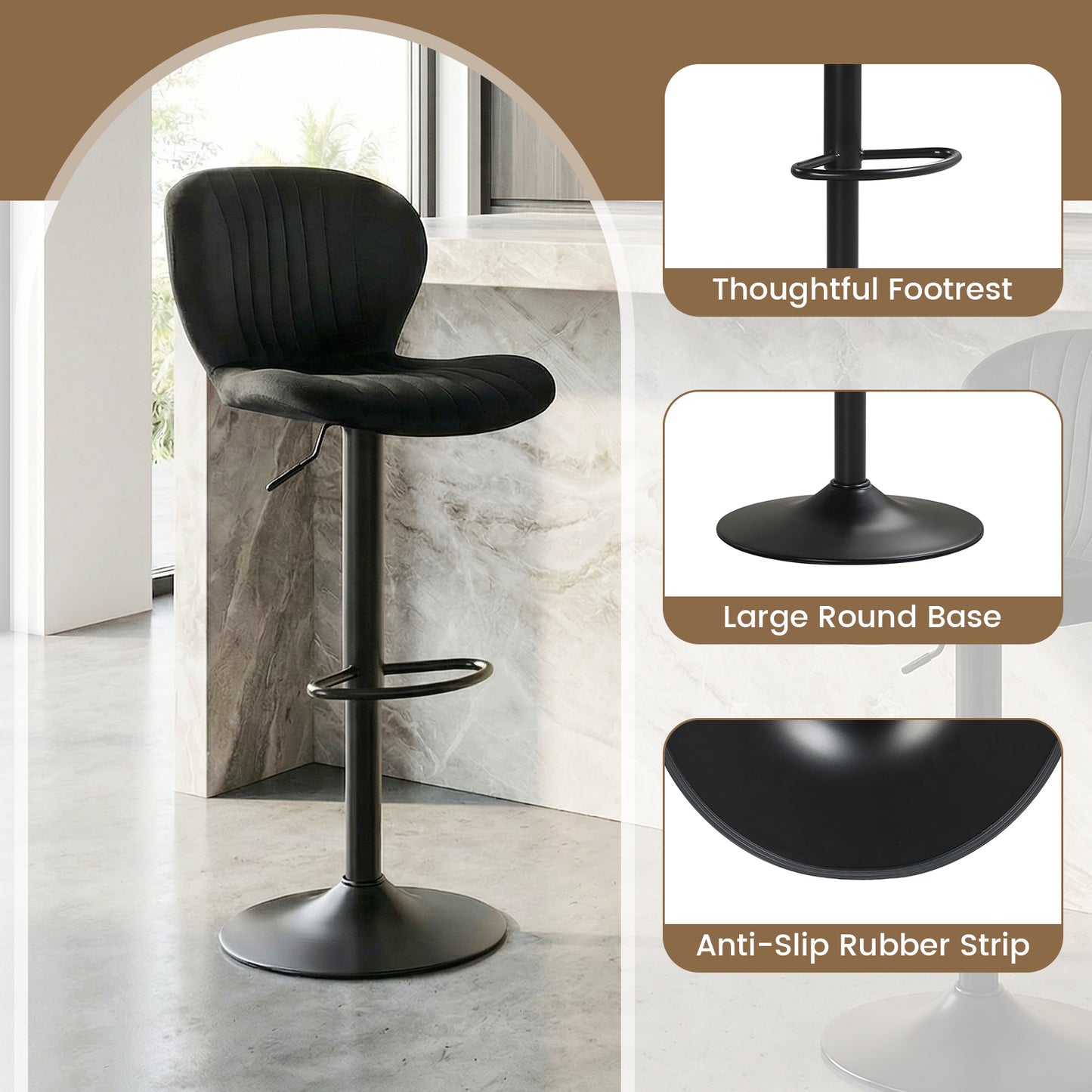 Adjustable Counter Height Chairs Set of 4 with Velvet Upholstered Backrests, Black Bar Stools at Gallery Canada