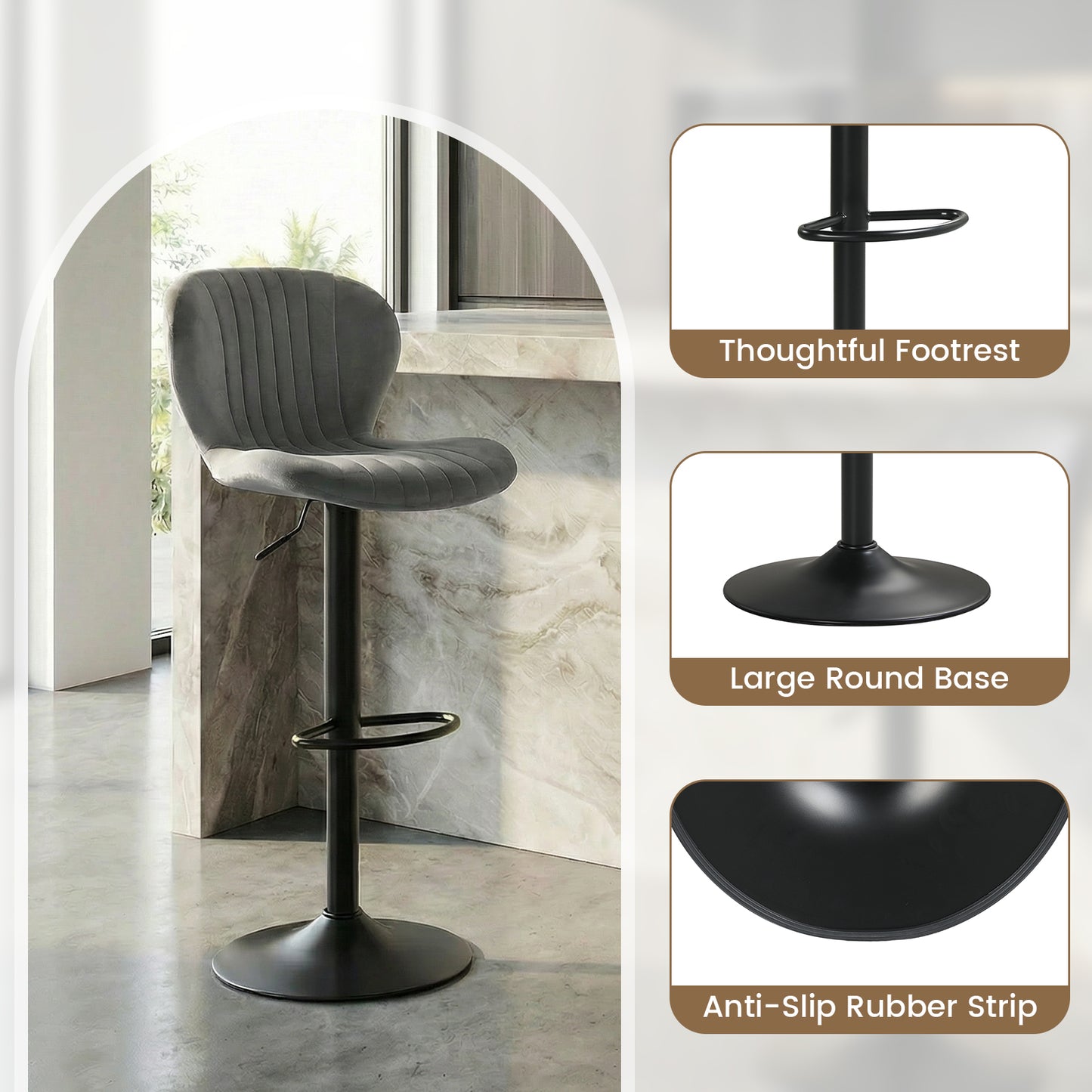 Adjustable Counter Height Chairs Set of 4 with Velvet Upholstered Backrests, Gray Bar Stools at Gallery Canada
