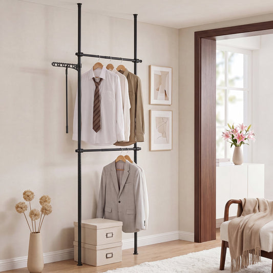 Adjustable Floor-to-Ceiling Clothes Rack with 2 Hanging Rods, Black Coat Racks & Hall Trees Black at Gallery Canada