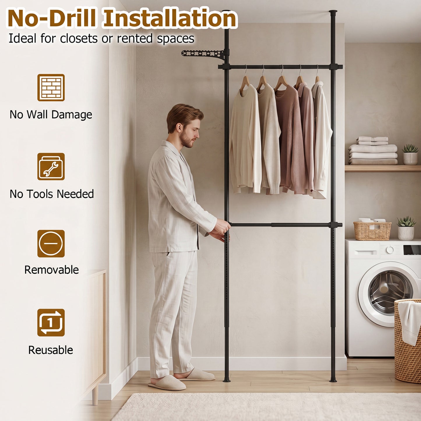 Adjustable Floor-to-Ceiling Clothes Rack with 2 Hanging Rods, Black Coat Racks & Hall Trees at Gallery Canada