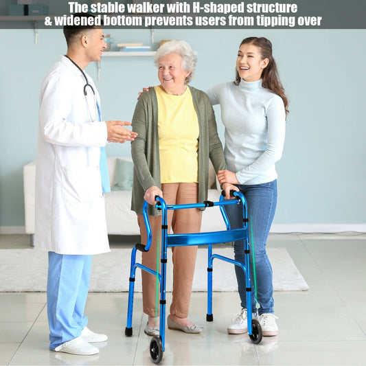Heavy-Duty Aluminum Folding Walker With Wheels, Blue Walkers & Rollators Blue at Gallery Canada