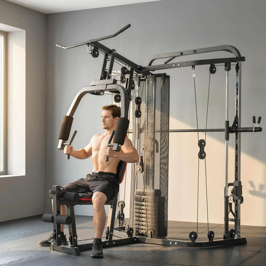 Multi Gym Smith Machine, 143LBS Weight Stack, Cable Pulley System Strength Training Equipment Black at Gallery Canada