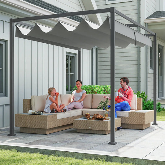 10x7ft Pergola, Retractable Roof, Outdoor Patio Sun Shelter, Grey Pergolas Grey Canopy, Dark Grey Frame at Gallery Canada