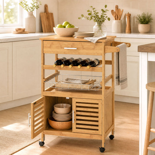 Bamboo Rolling Kitchen Island Trolley Kitchen Islands & Carts Natural at Gallery Canada