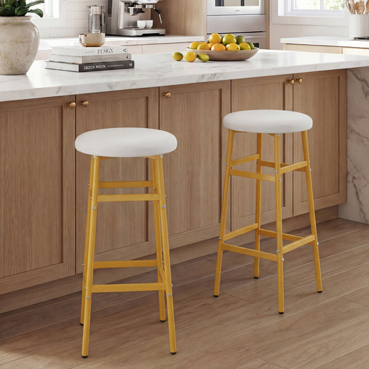 Metal Frame Bar Stools Set of 2, Golden, With Footrest, White Bar Stools White & Golden at Gallery Canada