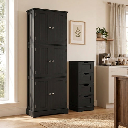 Bathroom Cabinet Set, 6-Door Tall Cabinet, 4-Drawer Cabinet, Black Floor Cabinets Black at Gallery Canada