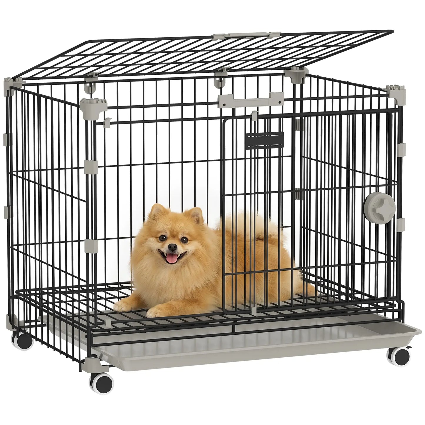 Foldable Dog Crate, 24 Inch Metal Cage, Removable Tray, Lockable Wheels, Black Dog Cages & Crates at Gallery Canada