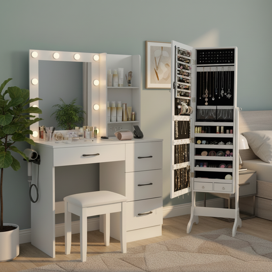 Bedroom Set, Lockable Mirrored Jewelry Cabinet, Vanity Desk Bedroom Options at Gallery Canada