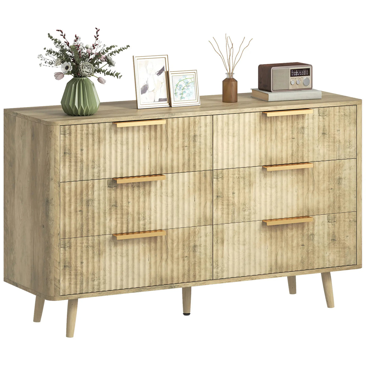 Fluted Chest of Drawers, 6 Drawer Dresser with Pine Wood Legs, Oak Storage Cabinets at Gallery Canada