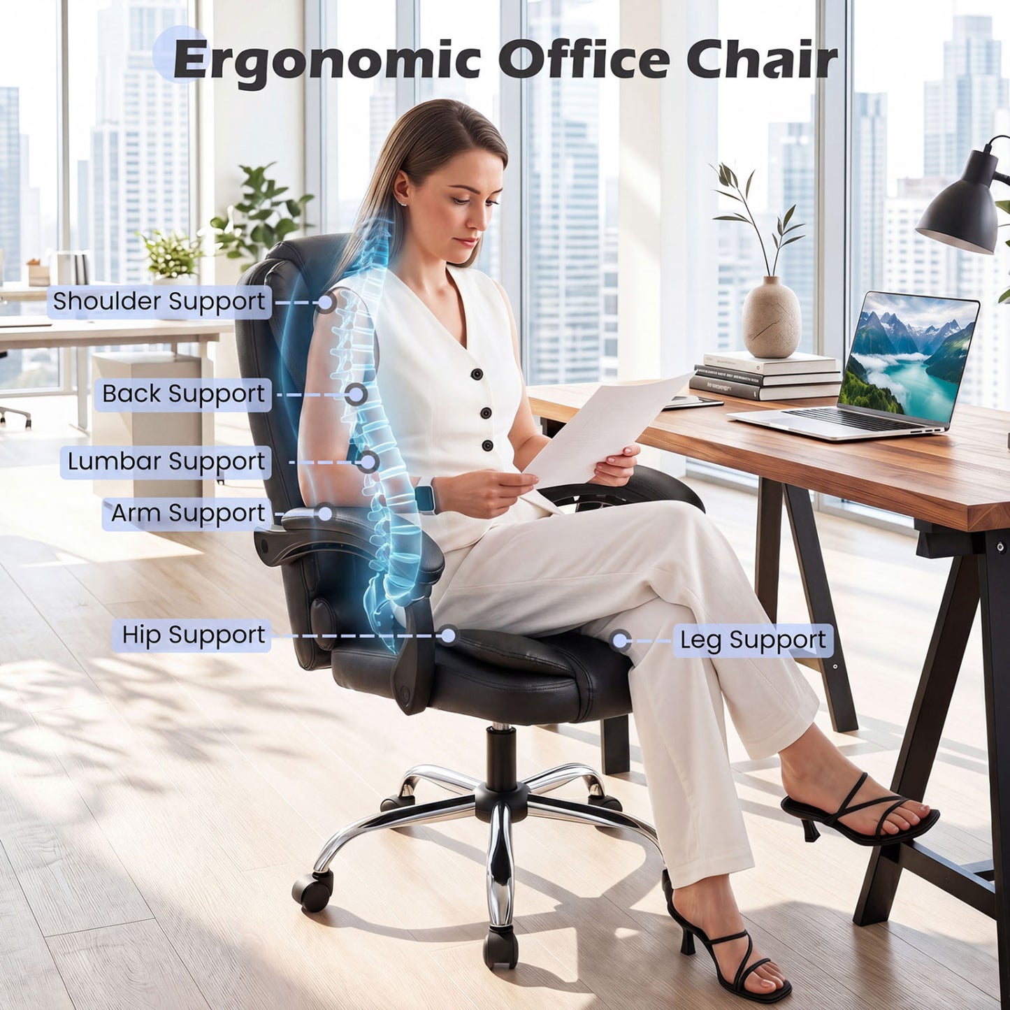 Big High Back Executive Chair with Linkage Armrests and Leather Padded Seat for Office, Black Big and Tall Chairs at Gallery Canada