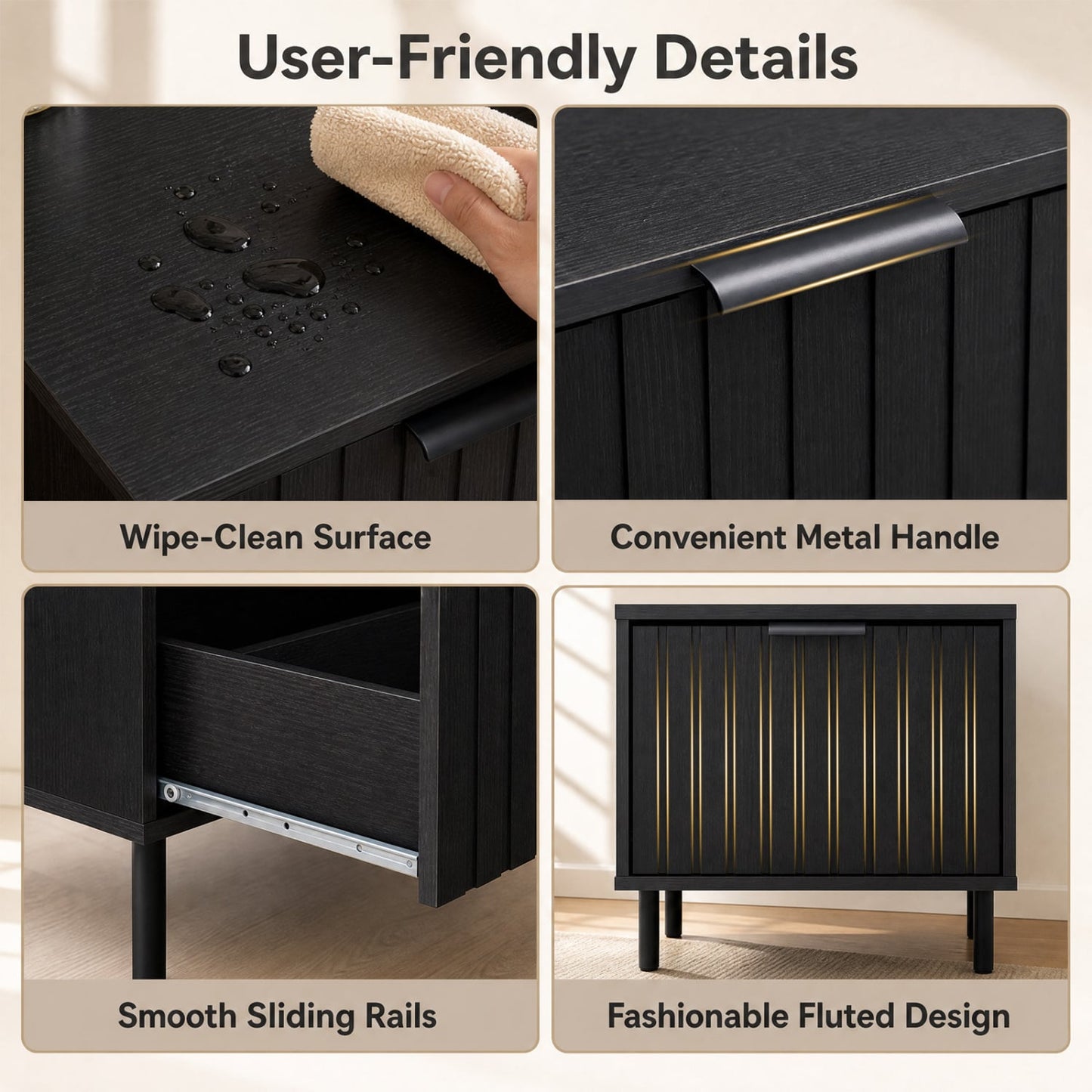 Modern Nightstand with Striped Drawer, Black Nightstands at Gallery Canada