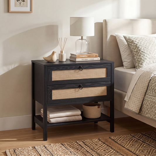Rattan Nightstand, 2 Drawers, Open Shelf, Black Nightstands Black at Gallery Canada