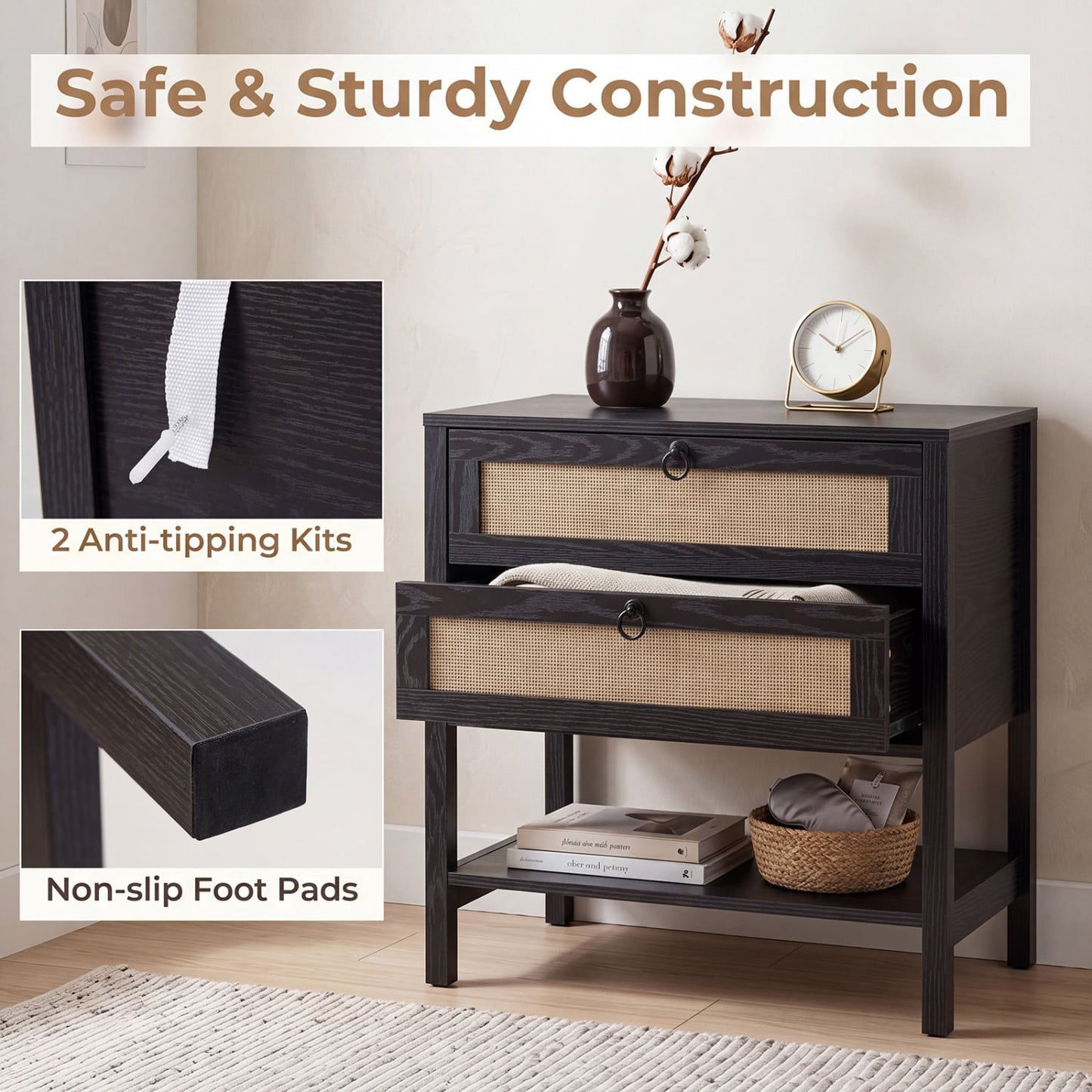 Rattan Nightstand, 2 Drawers, Open Shelf, Black Nightstands at Gallery Canada