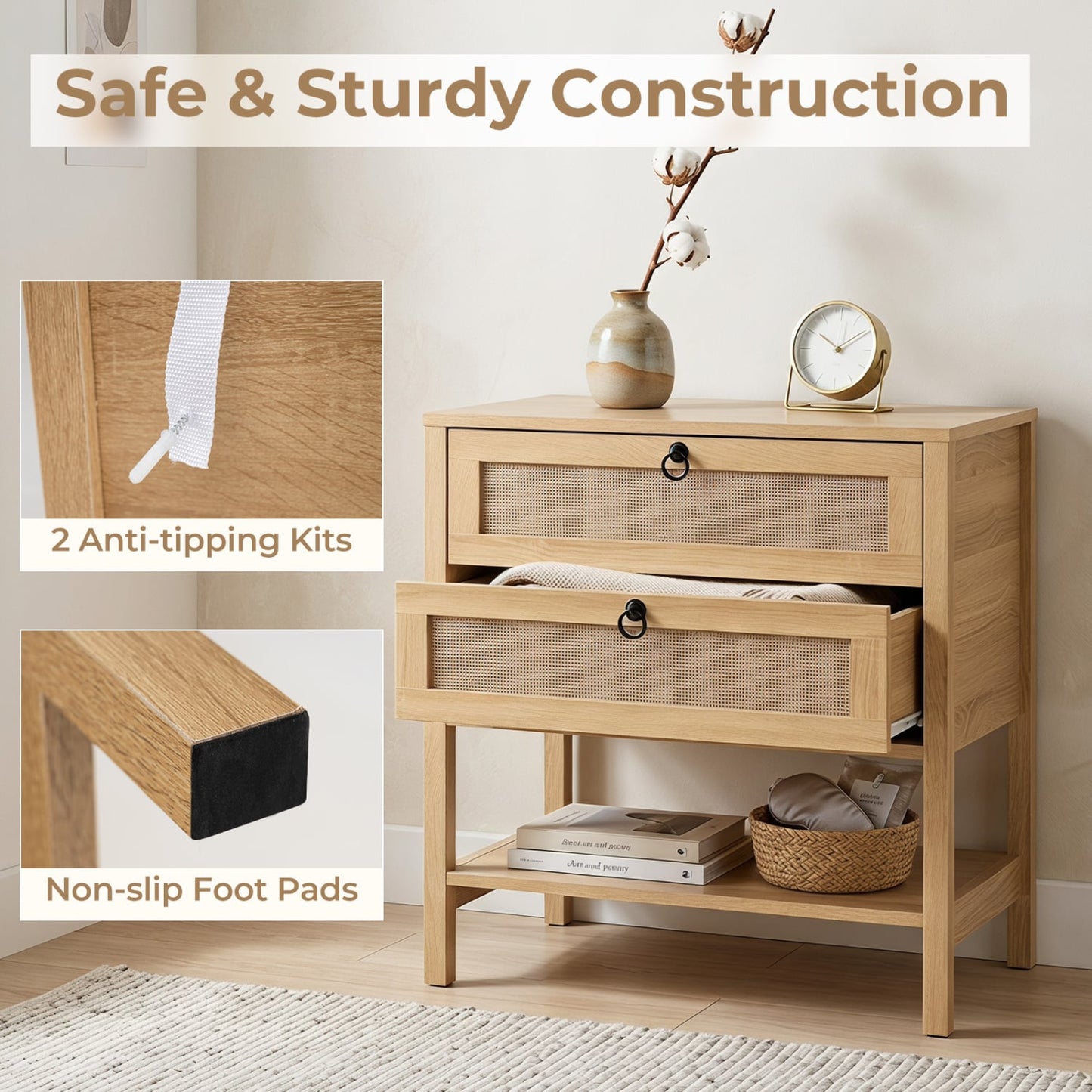 Boho Rattan Nightstand, 2 Drawers Open Shelf Nightstands at Gallery Canada