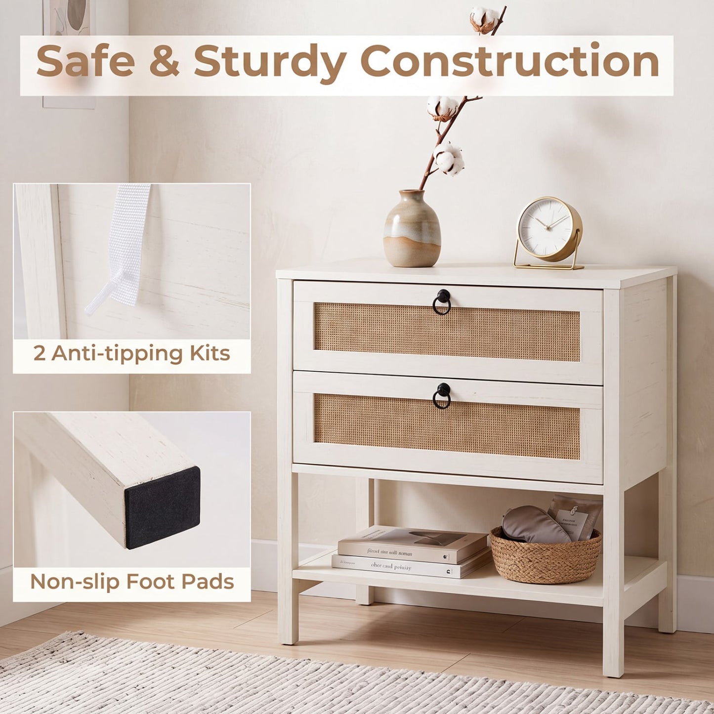Boho Rattan Nightstand, 2 Drawers, Open Shelf, White Nightstands at Gallery Canada