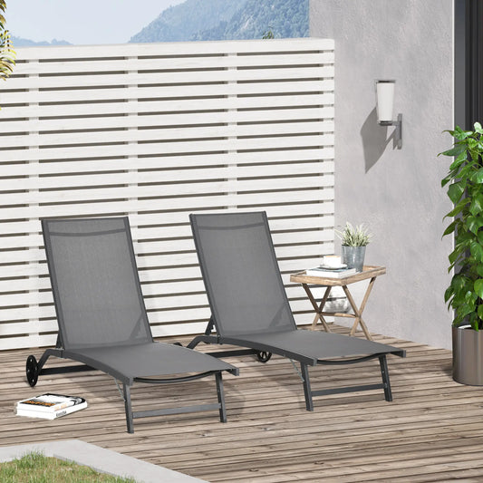 Outdoor Lounge Chair Set of 2, Breathable Mesh, Wheels, Dark Grey