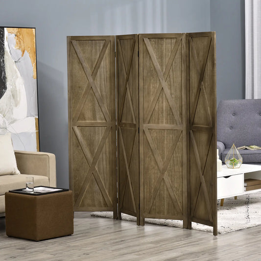 4-Panel Farmhouse Room Divider, Foldable Wooden Frame 5.6FT, Brown Room Dividers Brown at Gallery Canada