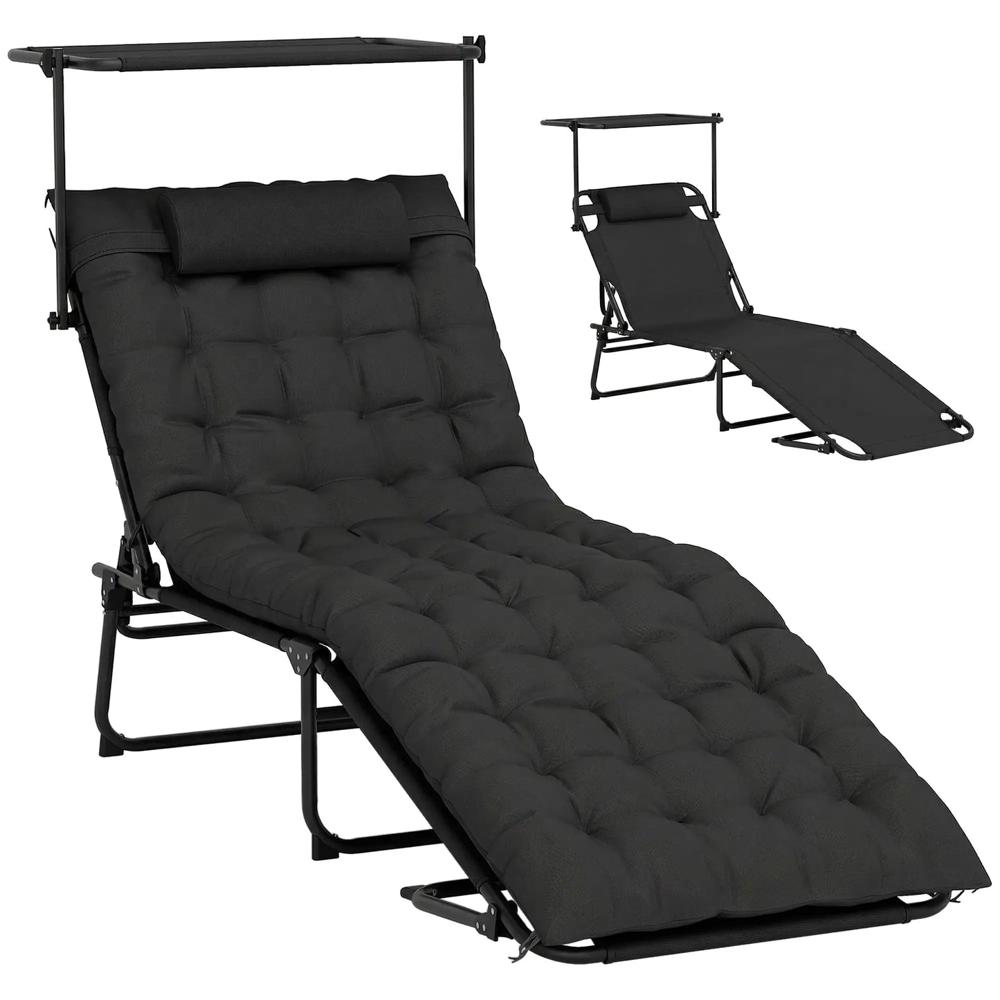 Folding Lounge Chair With Adjustable Canopy, 4-Position Tanning Chair, Black Lounger Chairs at Gallery Canada