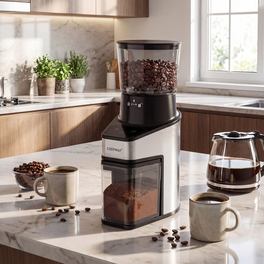 Conical Burr Coffee Grinder, 60 Grinding Settings, Digital Display, Silver Juicers & Coffee Machines Silver at Gallery Canada