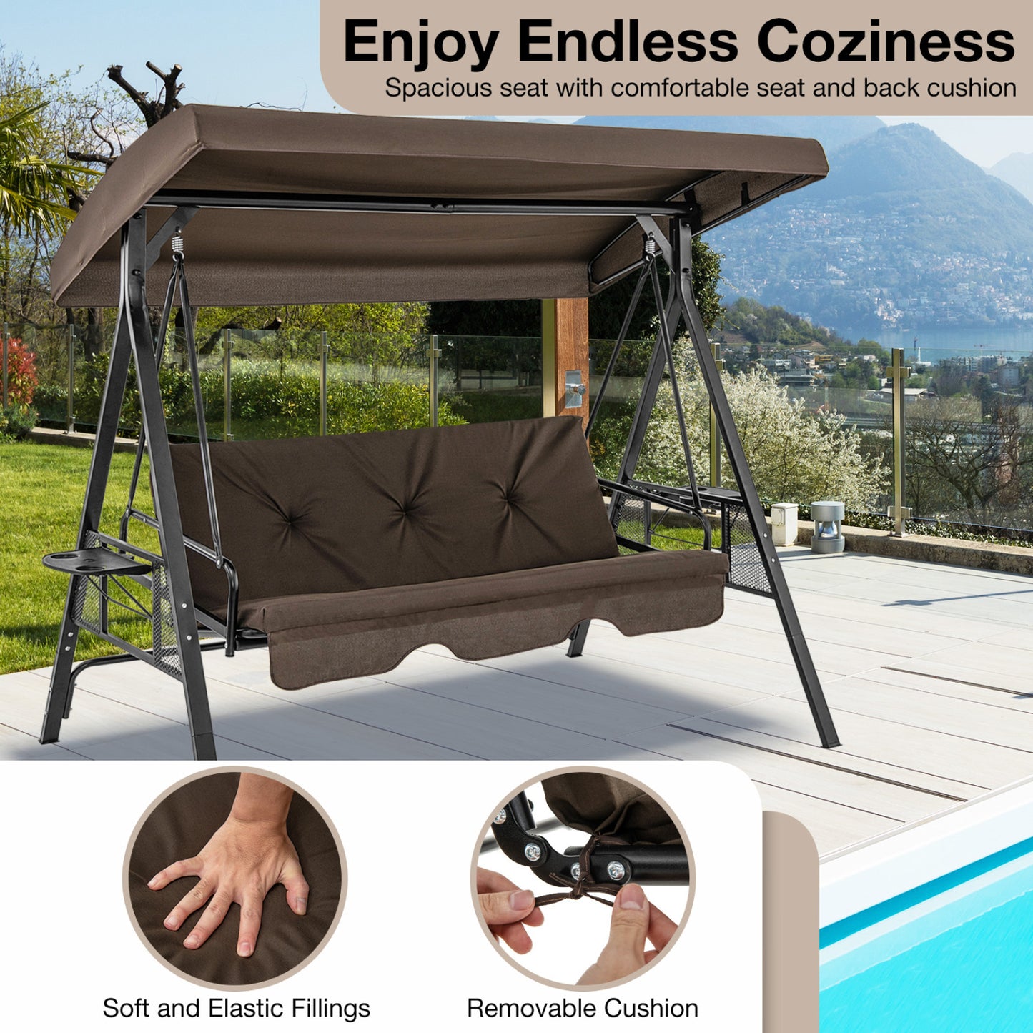 Convertible 3-Seat Swing Chair To Flat Bed, Adjustable Canopy, Brown Porch Swings at Gallery Canada