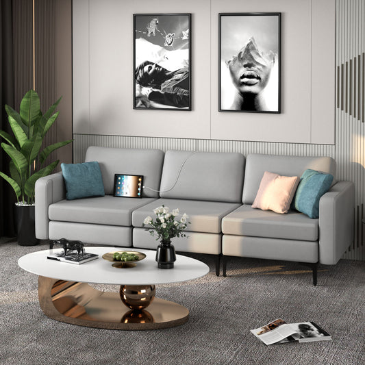 Convertible Leather Sofa Couch, 3-Seat, 2 USB Ports, Light Gray Sofas & Loveseats Light Gray at Gallery Canada