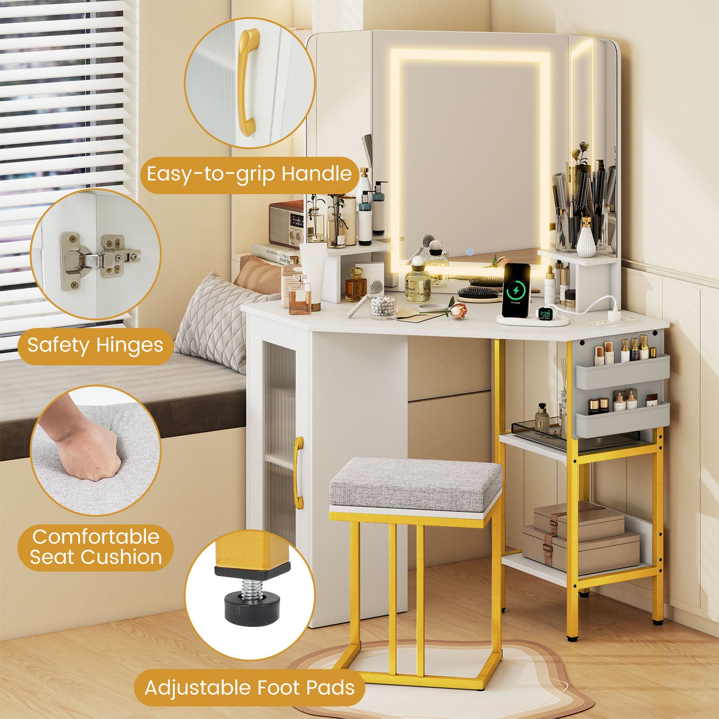 Corner Vanity Desk With Mirror And Lights, White Makeup Vanities at Gallery Canada