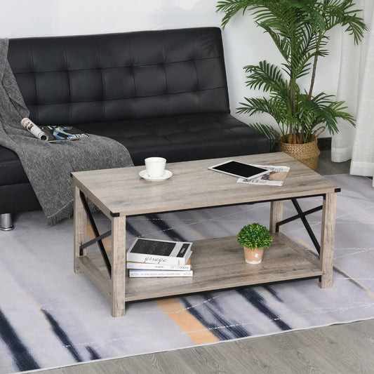 Industrial Coffee Table, Metal X-Bar, Storage Shelf, Living Room Coffee Tables Oak at Gallery Canada