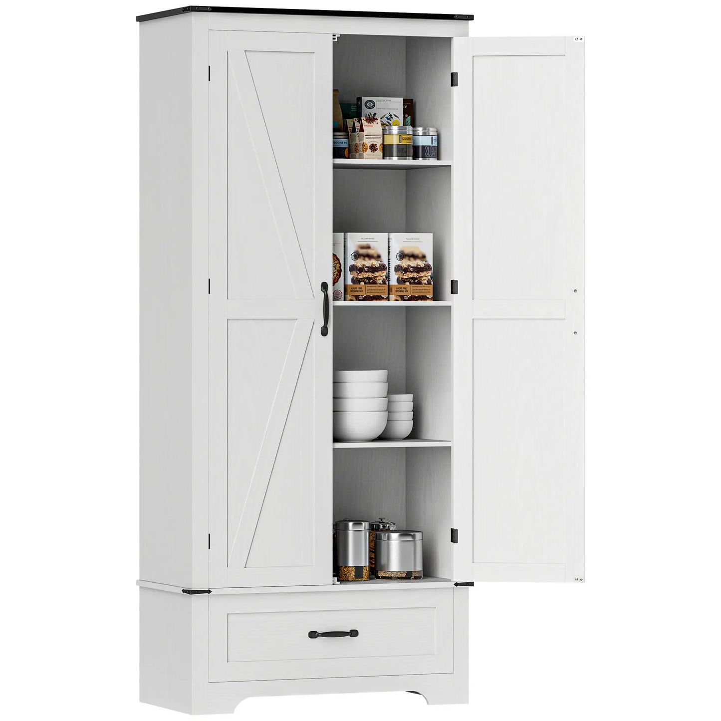 72" Farmhouse Pantry Cabinet, Adjustable Shelves, 2 Doors, White Wood Grain, White Kitchen Pantry Cabinets at Gallery Canada