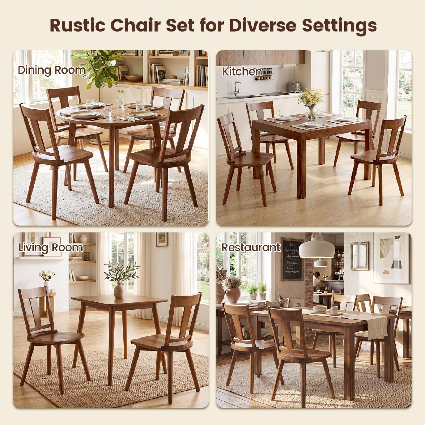 Dining Chairs Set of 2, Solid Wood Backrest, Walnut