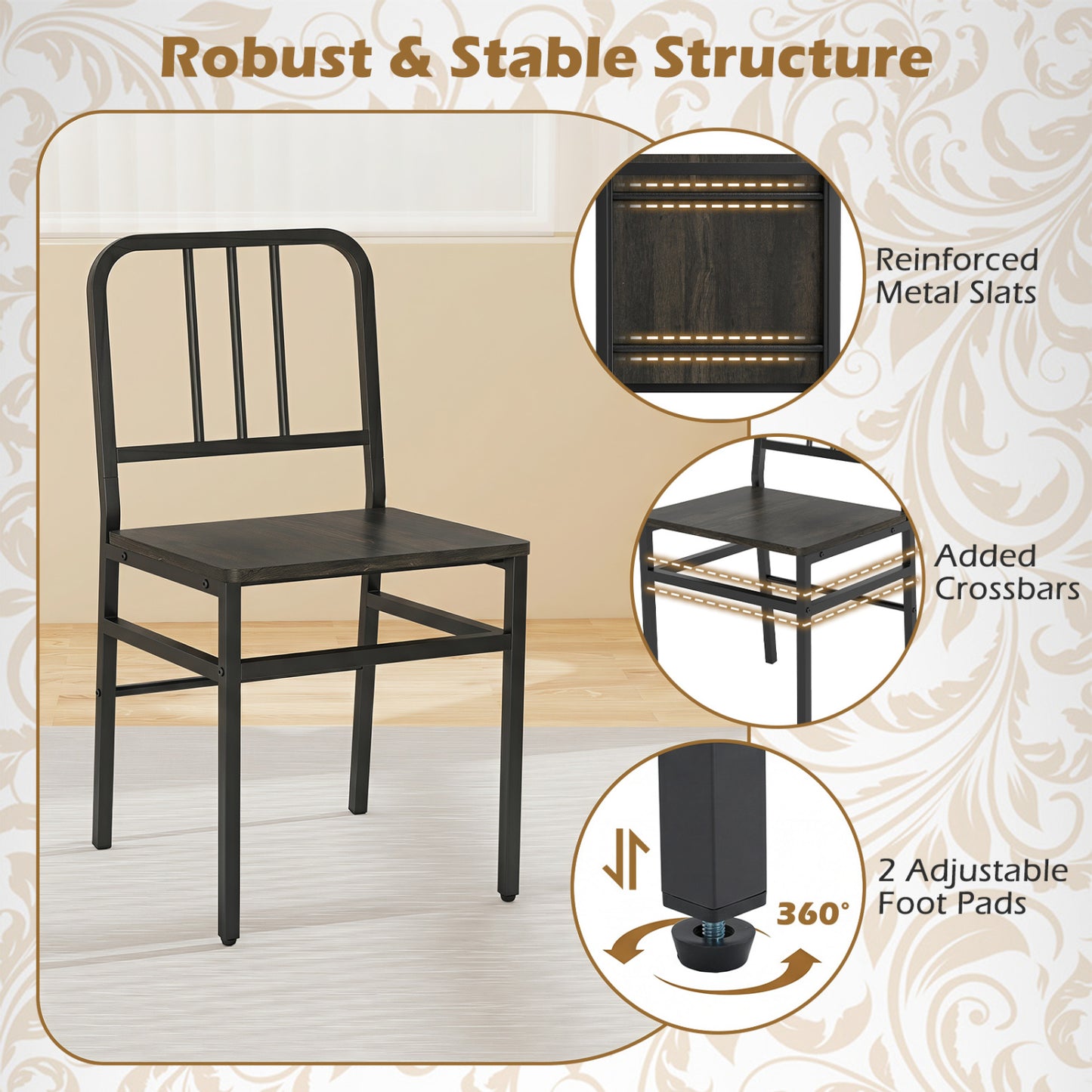 Dining Chairs Set of 4, Slatted Backrest, Metal Frame, Wooden Seat, Gray