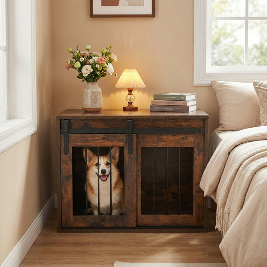 Heavy Duty Dog Crate Furniture, Sliding Barn Door, Brown Dog Kennels Rustic Brown at Gallery Canada