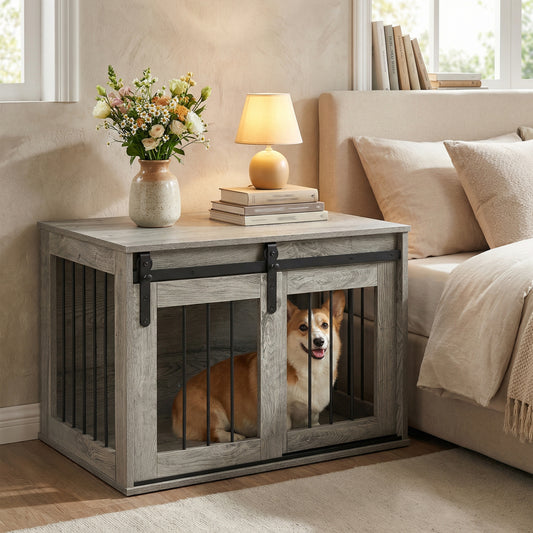 Heavy Duty Dog Crate Furniture, Sliding Barn Door, Gray Dog Kennels Gray at Gallery Canada