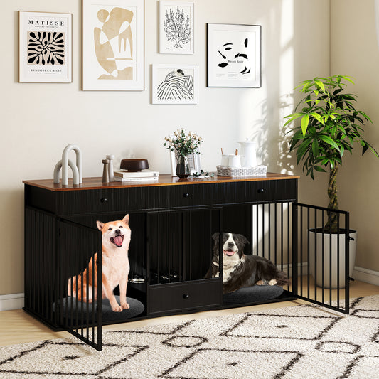 Modern Indoor Dog Crate Furniture, 3 Drawers, Pull-Out Feeder, Black Dog Kennels Black at Gallery Canada