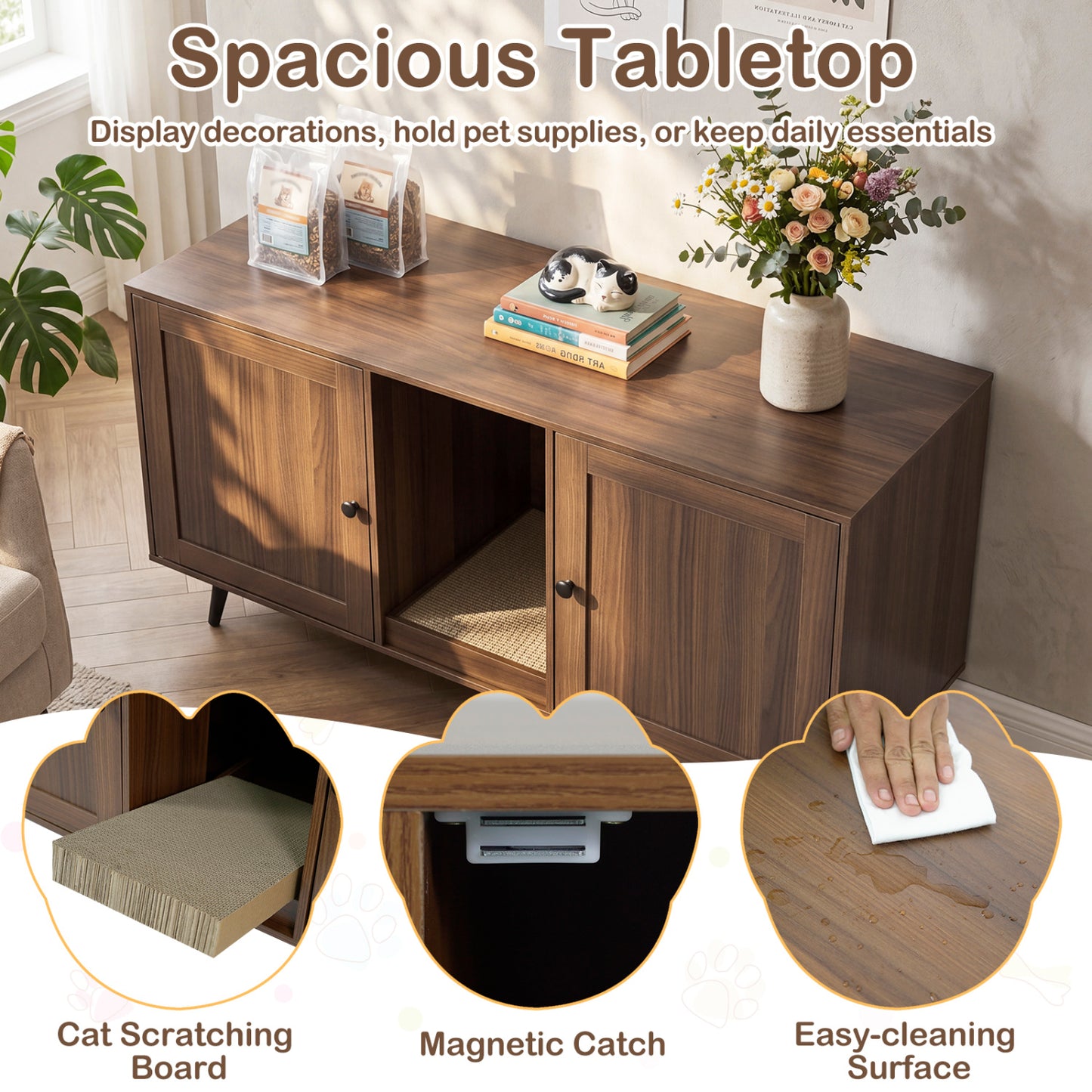 Double Cat Litter Box Enclosure for 2 Cats with Scratching Pad and Double Rooms, Walnut Cat Houses at Gallery Canada