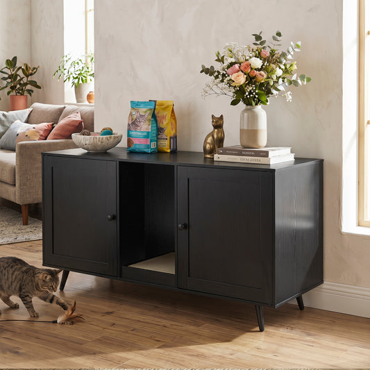 Double Cat Litter Box Enclosure for 2 Cats with Scratching Pad and Double Rooms, Black Cat Houses Black at Gallery Canada