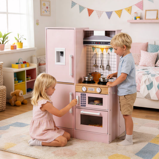 Dual-Sided Kids Play Kitchen with Water Dispenser and Range Hood for 3+ Years Old, Pink Play Kitchen Sets Pink at Gallery Canada