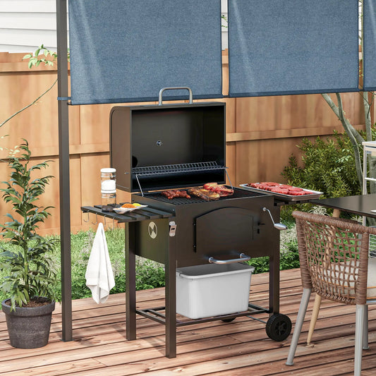 Charcoal Smoker, Adjustable Height, Folding Shelves, Thermometer, Wheels, Black