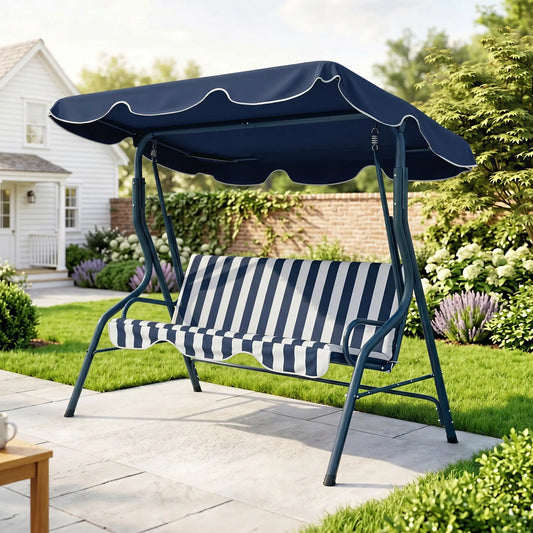 Outdoor Porch Swing, Adjustable Canopy, 3-Seater with Cushion, Blue Patio Swings with Stand Blue and White at Gallery Canada