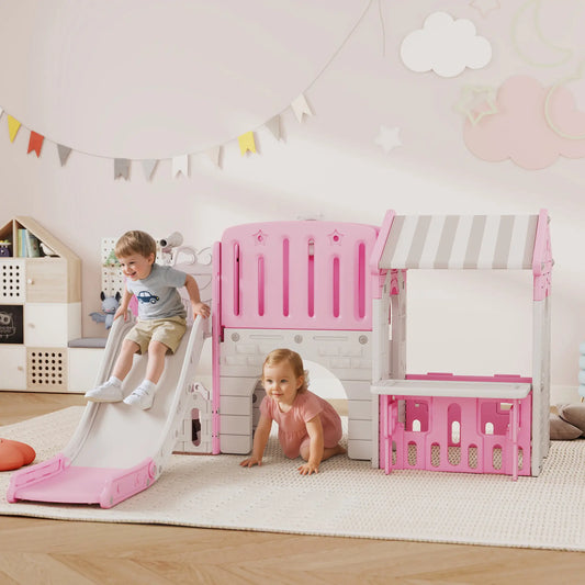 7-in-1 Toddler Slide Climber Playset with Playhouse and Basketball Hoop, Pink Gym Sets & Swings Pink, White at Gallery Canada