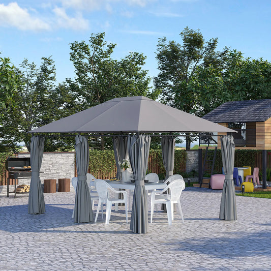 13'x10' Steel Patio Gazebo, Soft Top, 6 Removable Curtains, Grey Gazebos Grey and Black Frame at Gallery Canada