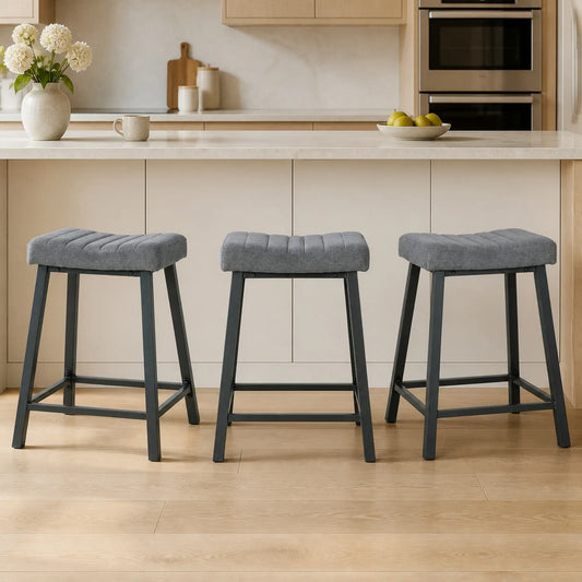 Set of 3 Velvet Bar Stools, Curved Seat with Footrest, Grey