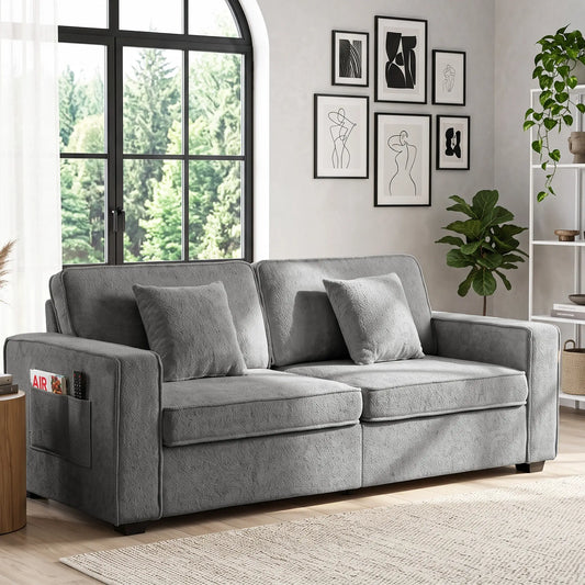 3 Seater Sofa, Thick Cushion, Grey, 2 Pillows, Side Pockets 3-Seater Sofas Grey at Gallery Canada