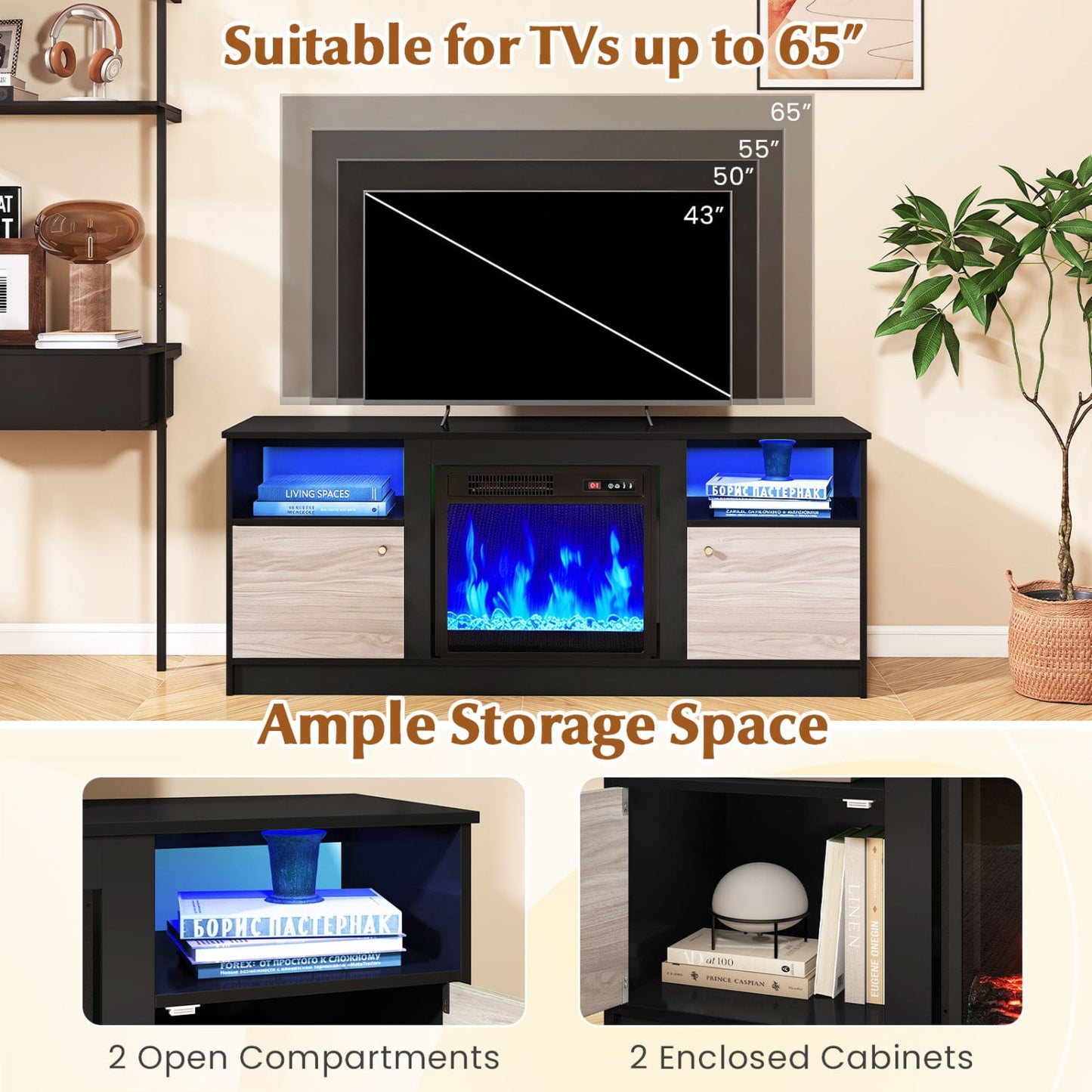Entertainment Center for 65" TVs, Adjustable Shelf